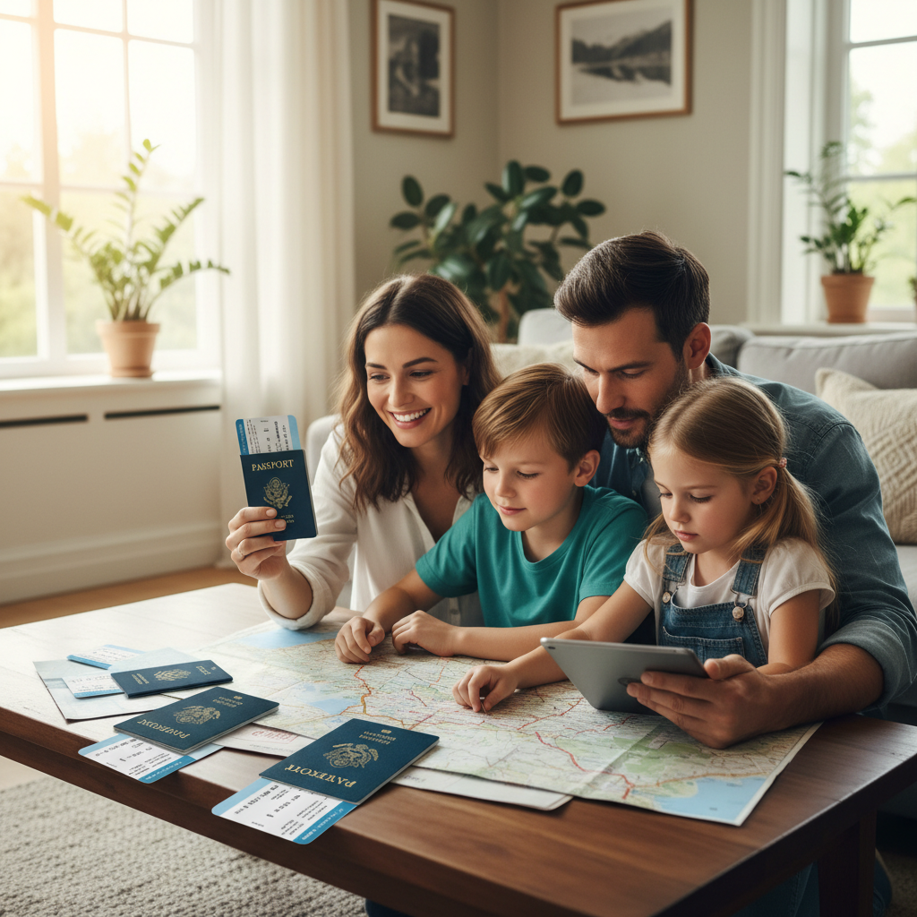 family looking at travel documents