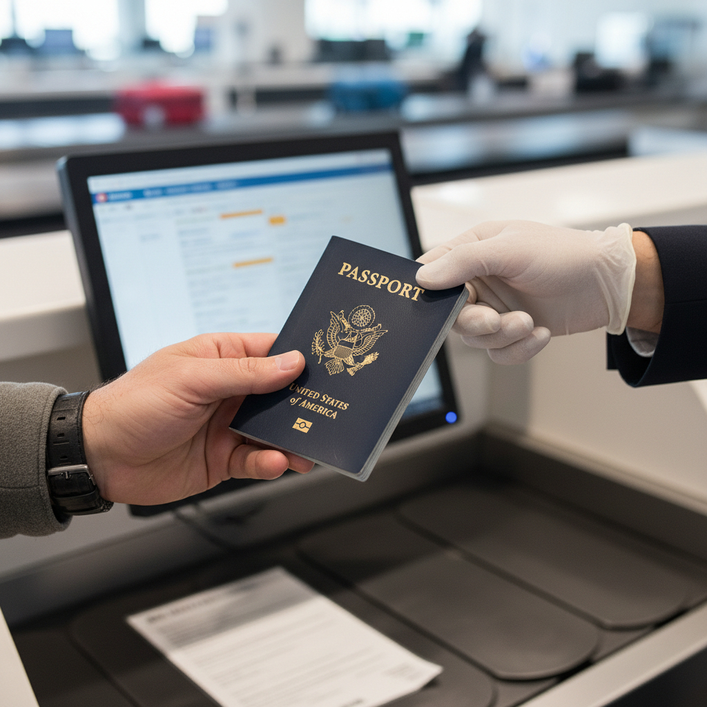 traveler holding passport at airport counter